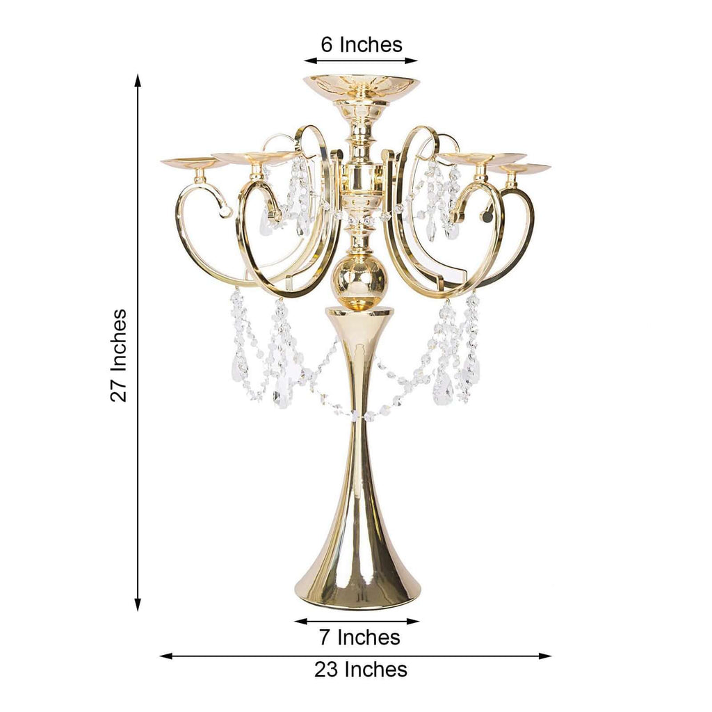 Metal Candelabra 5 Arm Design Gold with Hanging Crystal Drops - Table Centerpiece for Events 27"