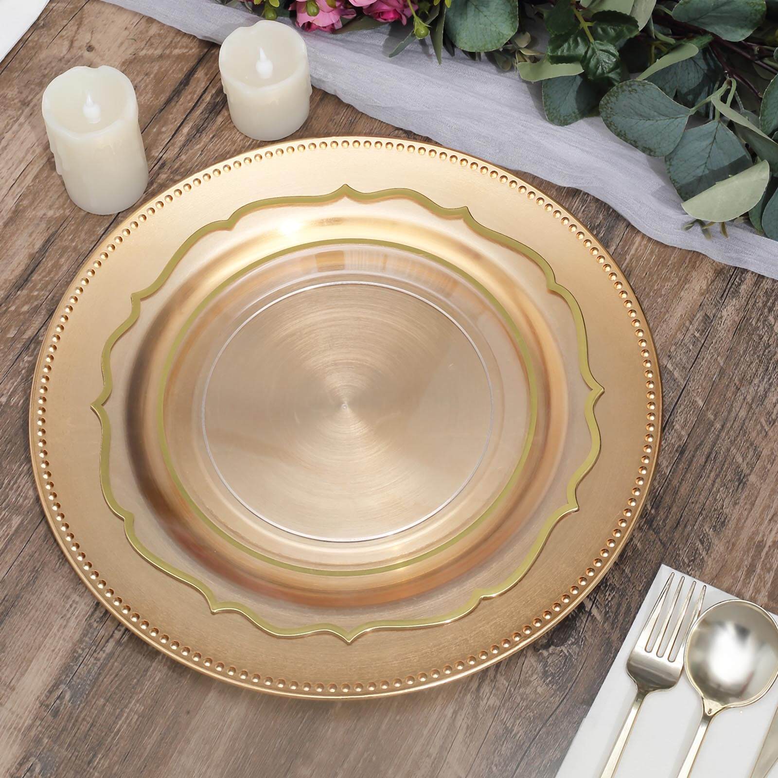 6-Pack Acrylic Round Charger Plates 13" in Gold with Beaded Rim, Dinner Charger Event Tabletop Decor
