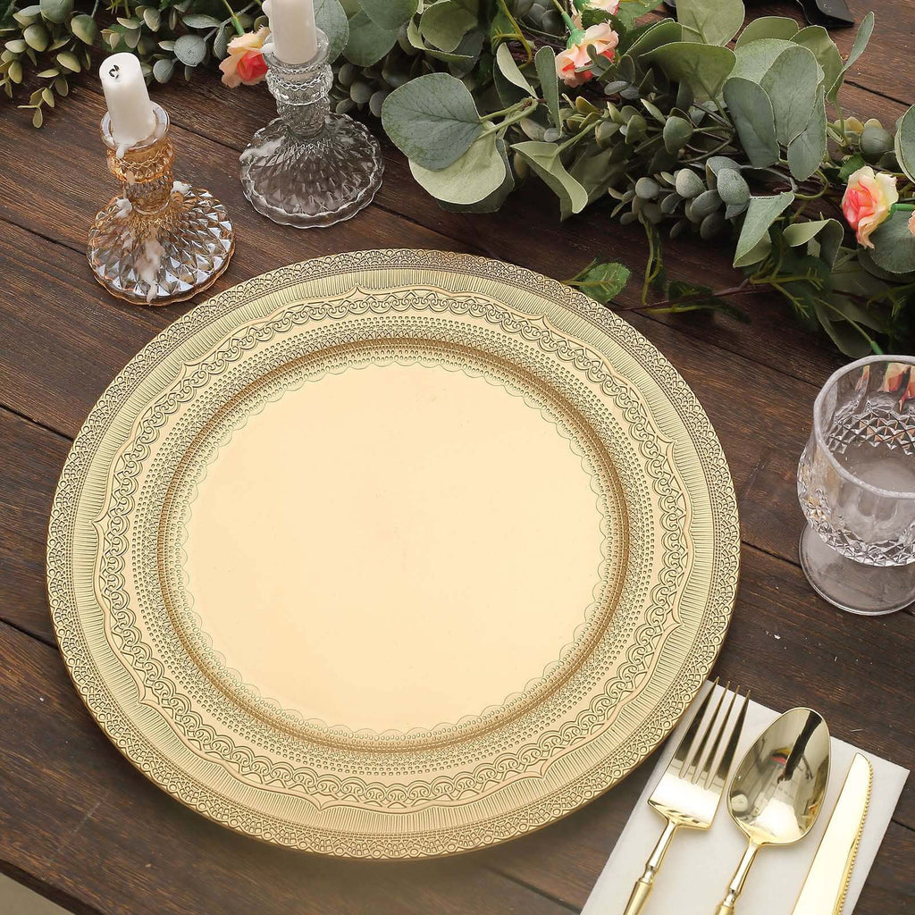 6-Pack Acrylic Round Charger Plates 13" in Gold with Lace Embossed Rim, Rustic Plastic Decorative Charger Tableware