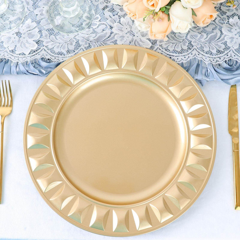 6-Pack Plastic Round Charger Plates 13" in Gold with Bejeweled Rim, Luxe Decorative Dinner Party Charger Tableware