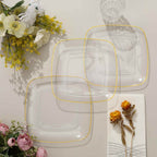 10-Pack Plastic 7" Square Dessert Plates in Clear with Gold Rim - Classy Disposable Appetizer Salad Plates