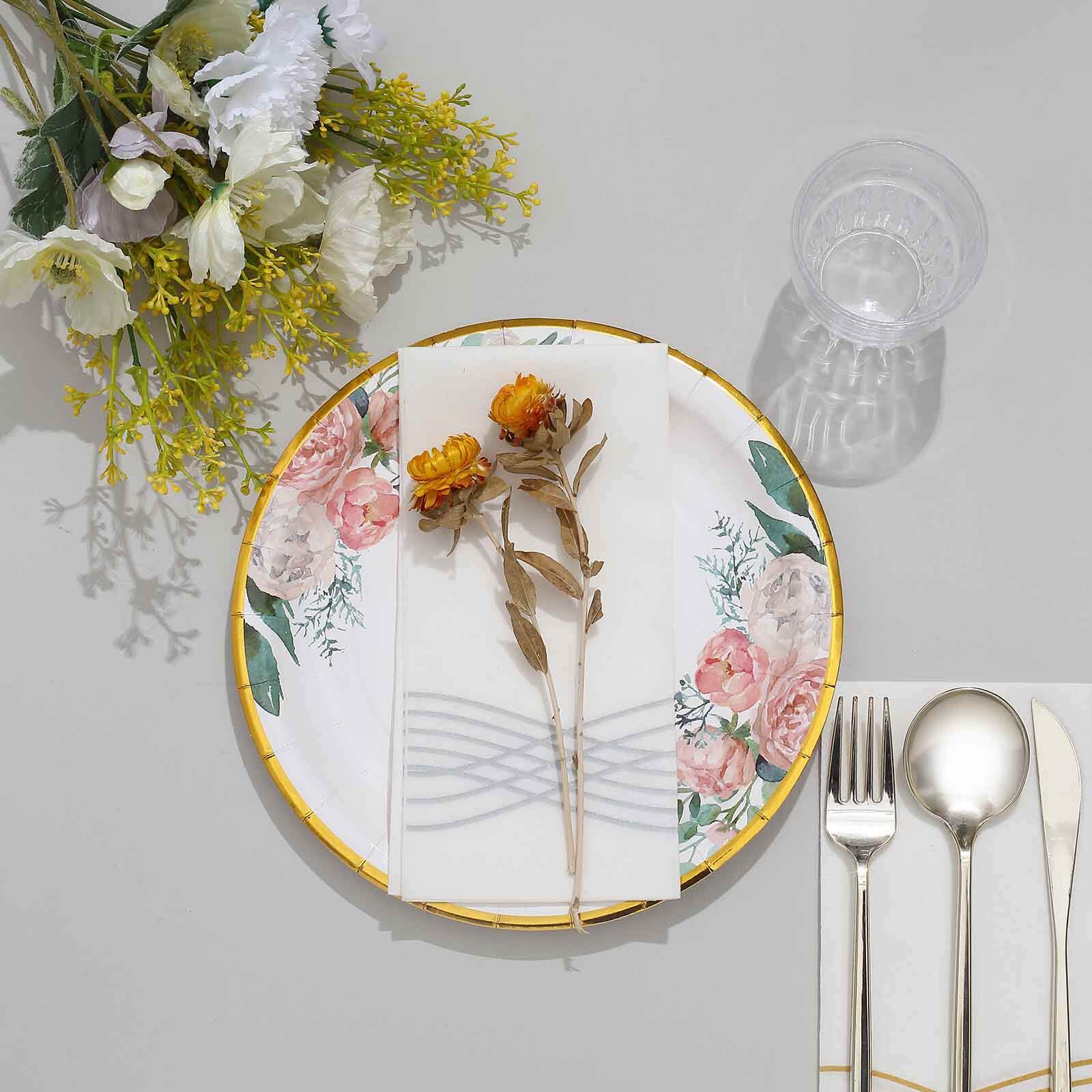 25-Pack Paper 9" Round Dinner Plates White with Peony Floral Design & Gold Rim - Disposable Floral Party Plates for Brunches & Afternoon Teas