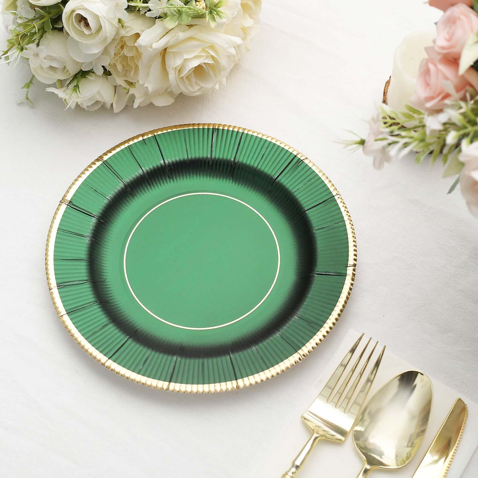 25-Pack Paper 8" Round Dessert Plates in Hunter Emerald Green Sunray Design with Gold Rim - Disposable Heavy Duty 350GSM Appetizer Salad Plates