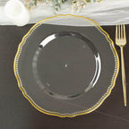10-Pack Plastic 10" Dinner Plates in Clear with Gold Scalloped Rim - Disposable Large Party Plates