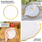 8-Pack Glass Round Charger Plates 13" in Clear with Gold Sunflower Scalloped Rim, Decorative Dinner Chargers