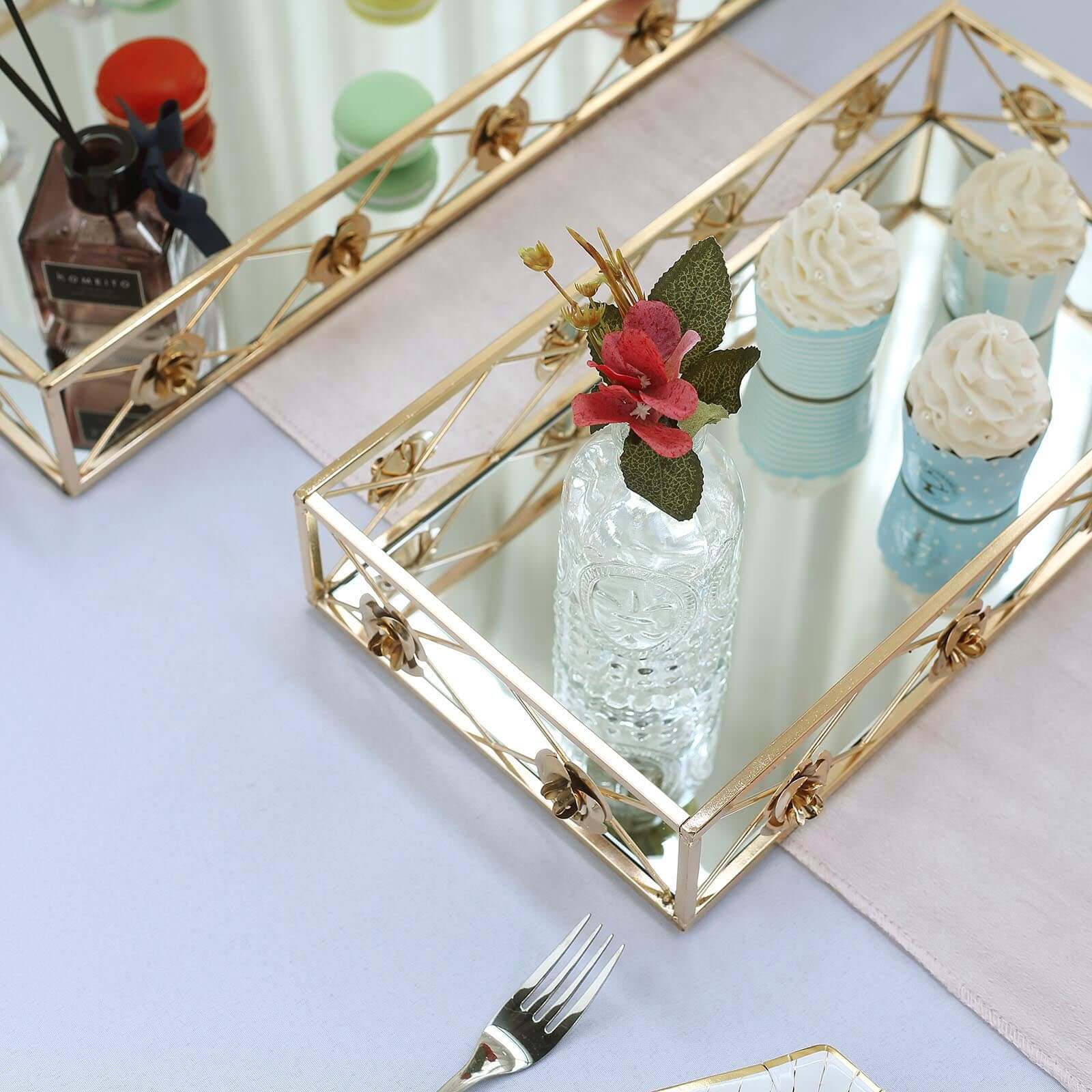 Set of 2 Metal Mirrored Rectangle Serving Trays in Gold with Rose Borders, Glamorous Decorative Vanity Tray Centerpiece 15"x8", 19"x12"