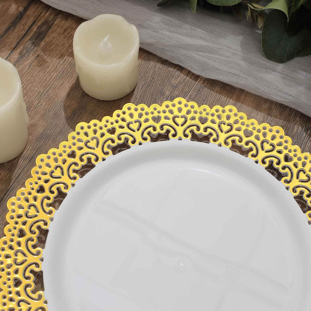 10-Pack Plastic 10" Round Dinner Plates in White with Gold Lace Rim - Disposable Party Plates for Classy Events & Banquets