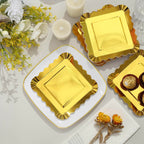 50-Pack Paper 5" Square Dessert Plates in Gold Foil with Scalloped Rim - Disposable Appetizer Plates for for Glam Gatherings & Special Occasions