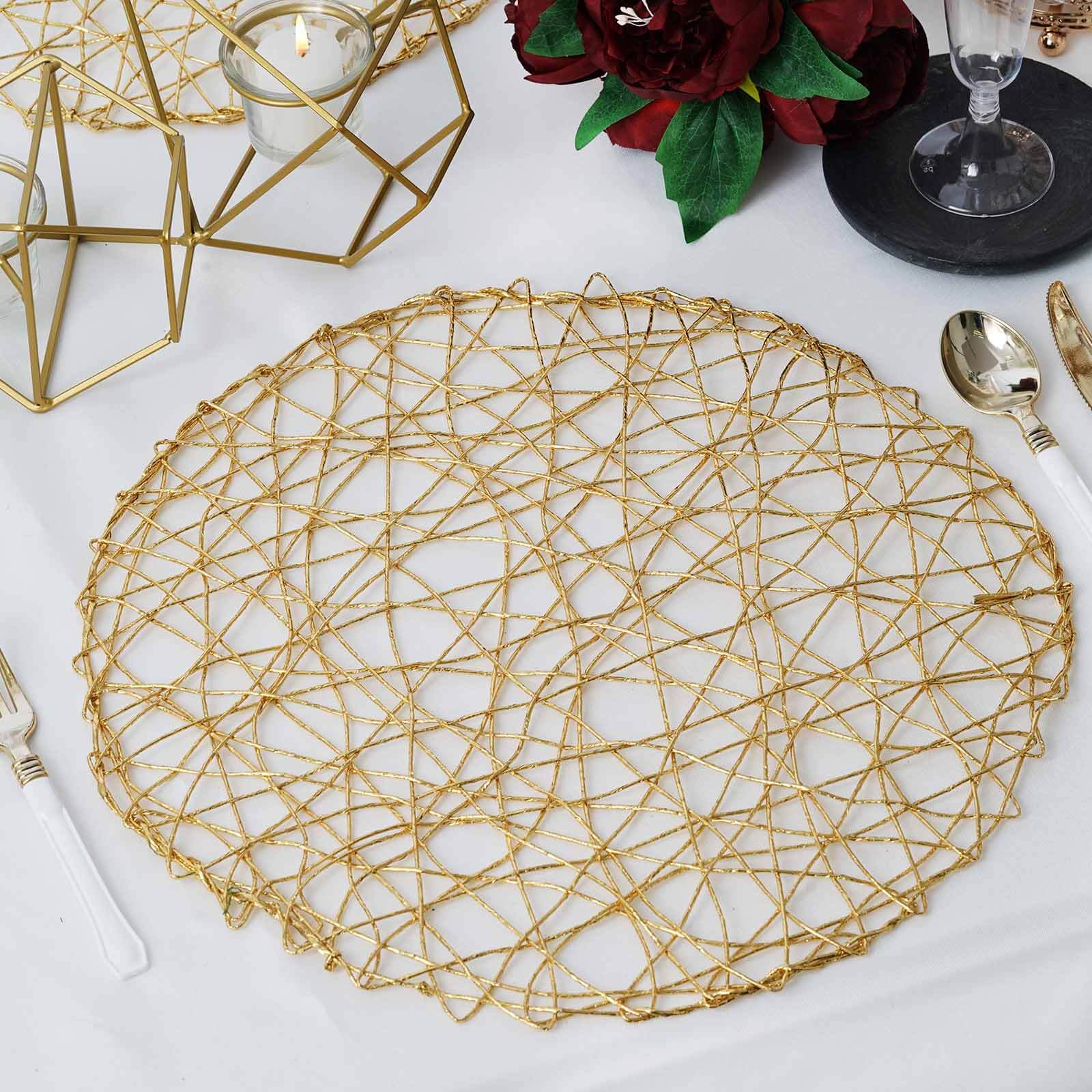 6-Pack Table Placemats Woven Fiber Design Gold Round - Disposable Mats for Dining and Events 15"
