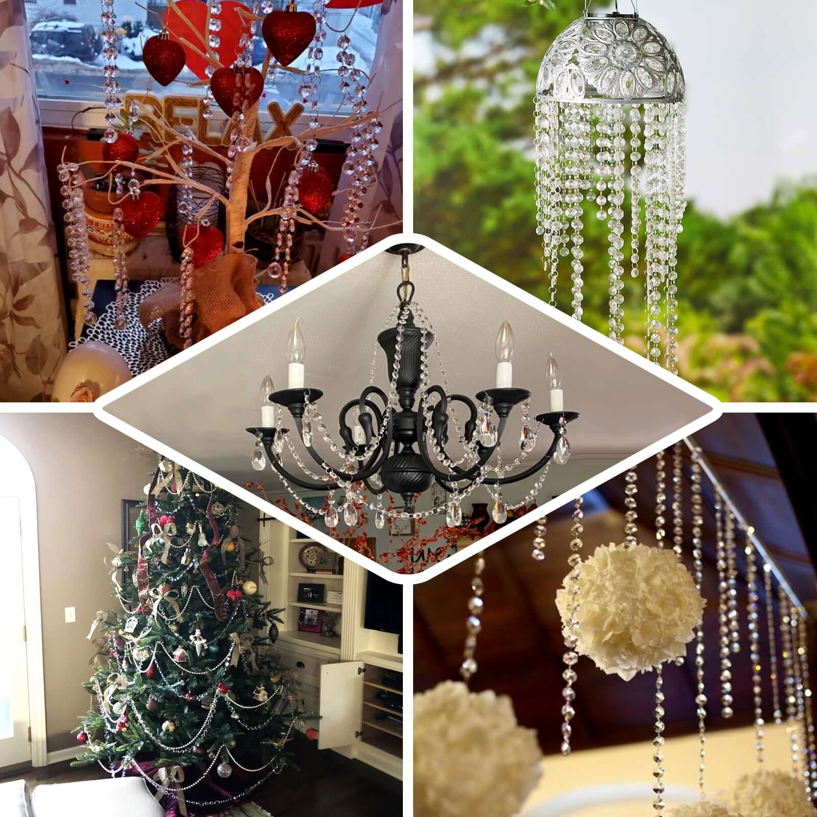 8-Pack Acrylic Crystal Garland Strands Clear - Glamorous Hanging Octagonal Beaded Chain Ornaments for Draping Centerpieces & Lighting Decor 13"
