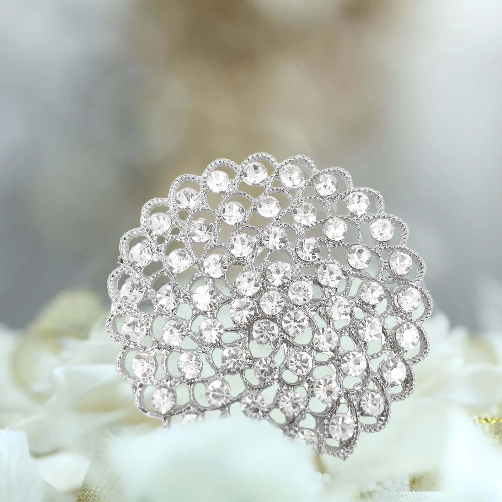 Rhinestone Metal Flower Chair Sash Band Buckle Silver - Glittering Diamond Accent 3"