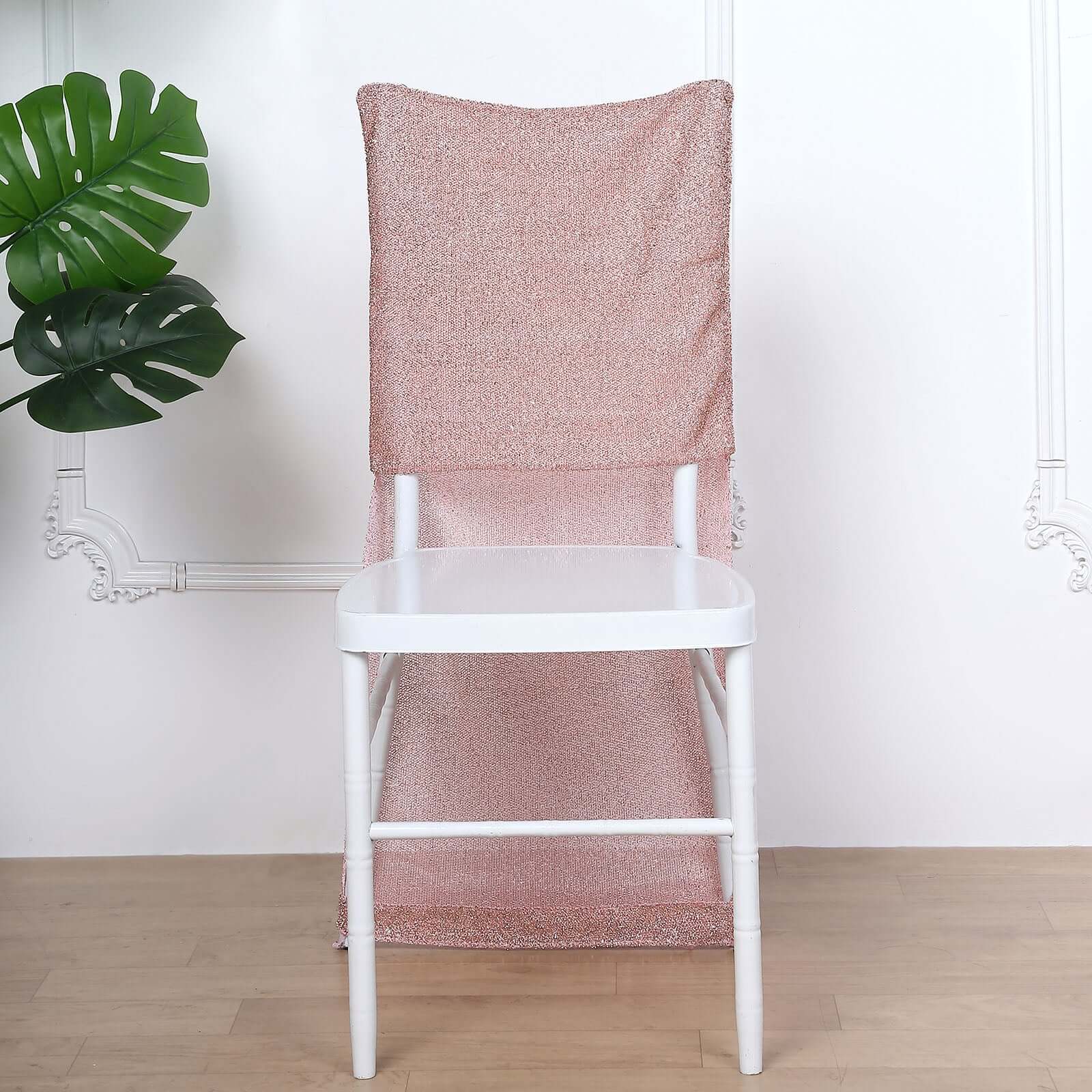 Stretch Spandex Chair Back Slipcover with Metallic Shimmer Tinsel Rose Gold - Durable Chiavari Chair Back Cover