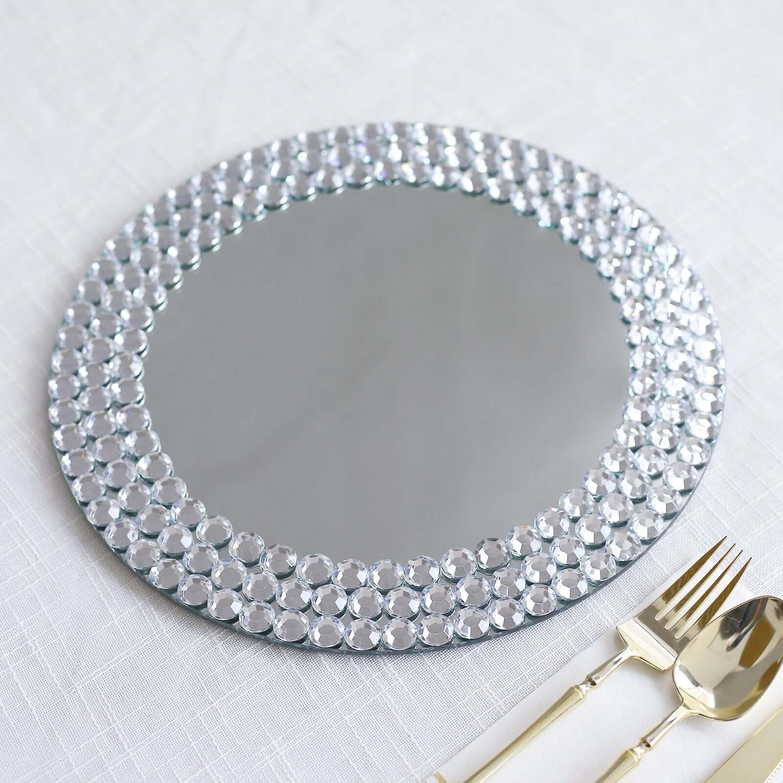 2-Pack Mirror Glass Round Charger Plates 13" with Silver Mirror Diamond Beaded Rim, Upscale Decorative Chargers