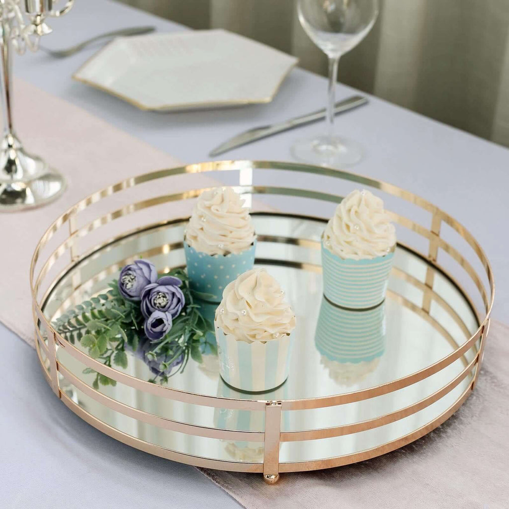 Set of 2 Metal Serving Trays 13", 9" Round Gold with Mirrored Top, Classy Decorative Vanity Tray Centerpiece