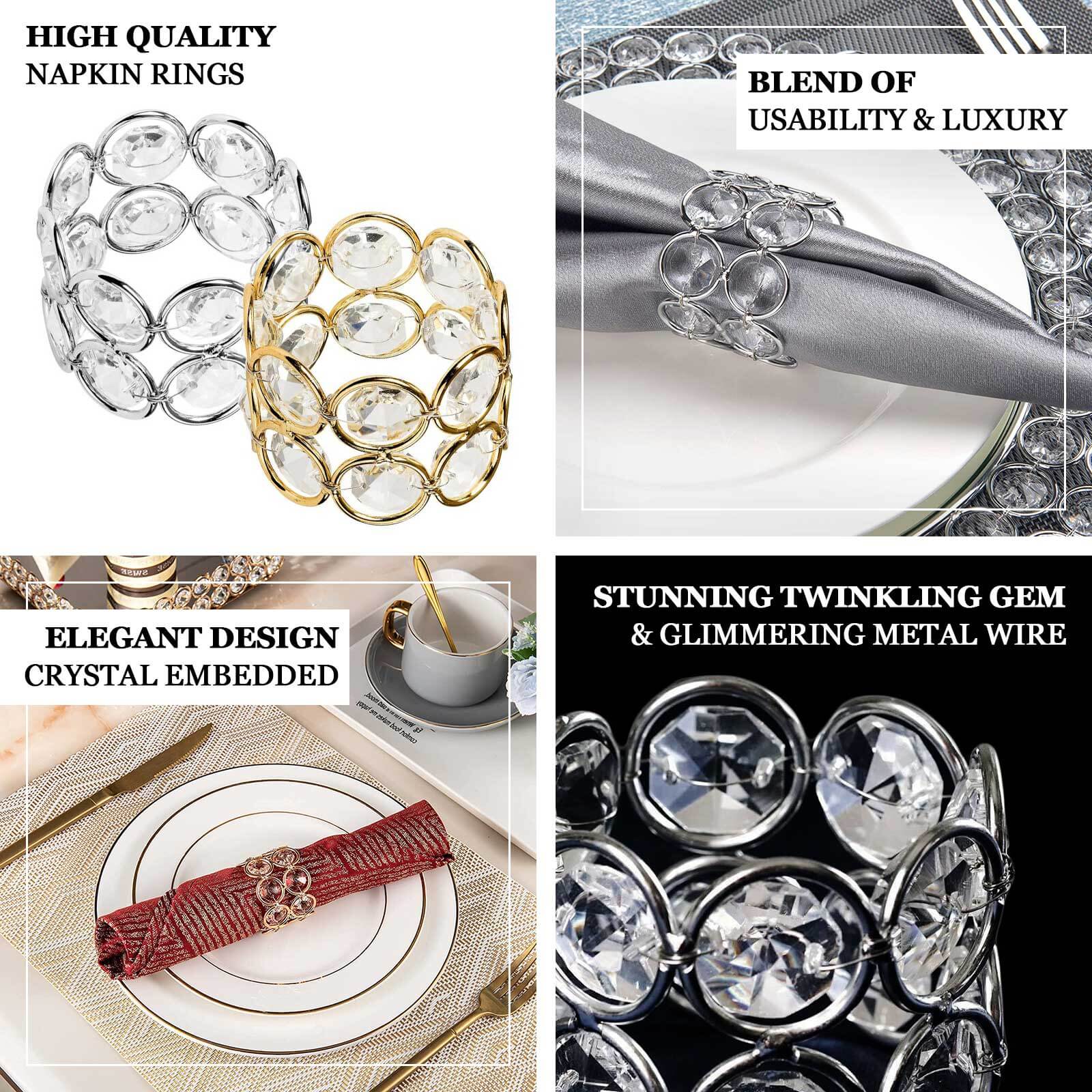 4 Pack Shiny Gold Acrylic Crystal Gem Beaded Napkin Rings