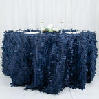 Taffeta 132" Round Tablecloth Navy Blue | 3D Leaf Petal Design Seamless Table Cover