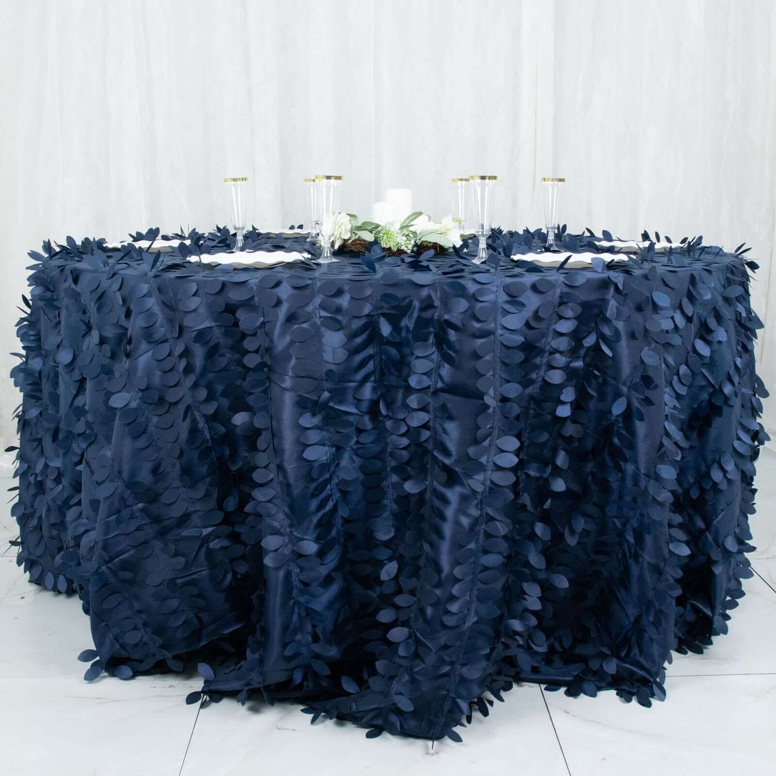 Taffeta 132" Round Tablecloth Navy Blue | 3D Leaf Petal Design Seamless Table Cover