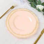 10-Pack Plastic 10" Dinner Plates in Nude with Gold Scalloped Rim - Disposable Large Party Plates