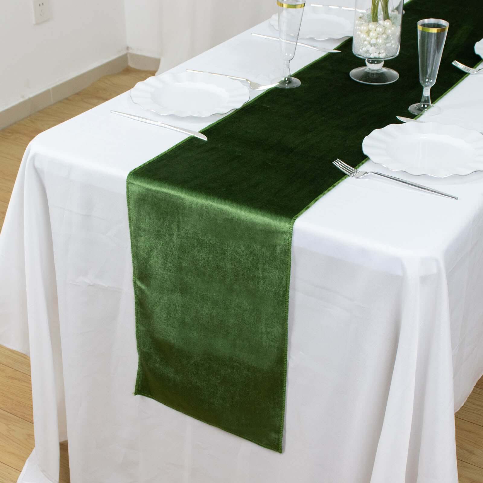 Premium Velvet 12"x108" Table Runner Olive Green - Sheen Finish Reusable Table Decor