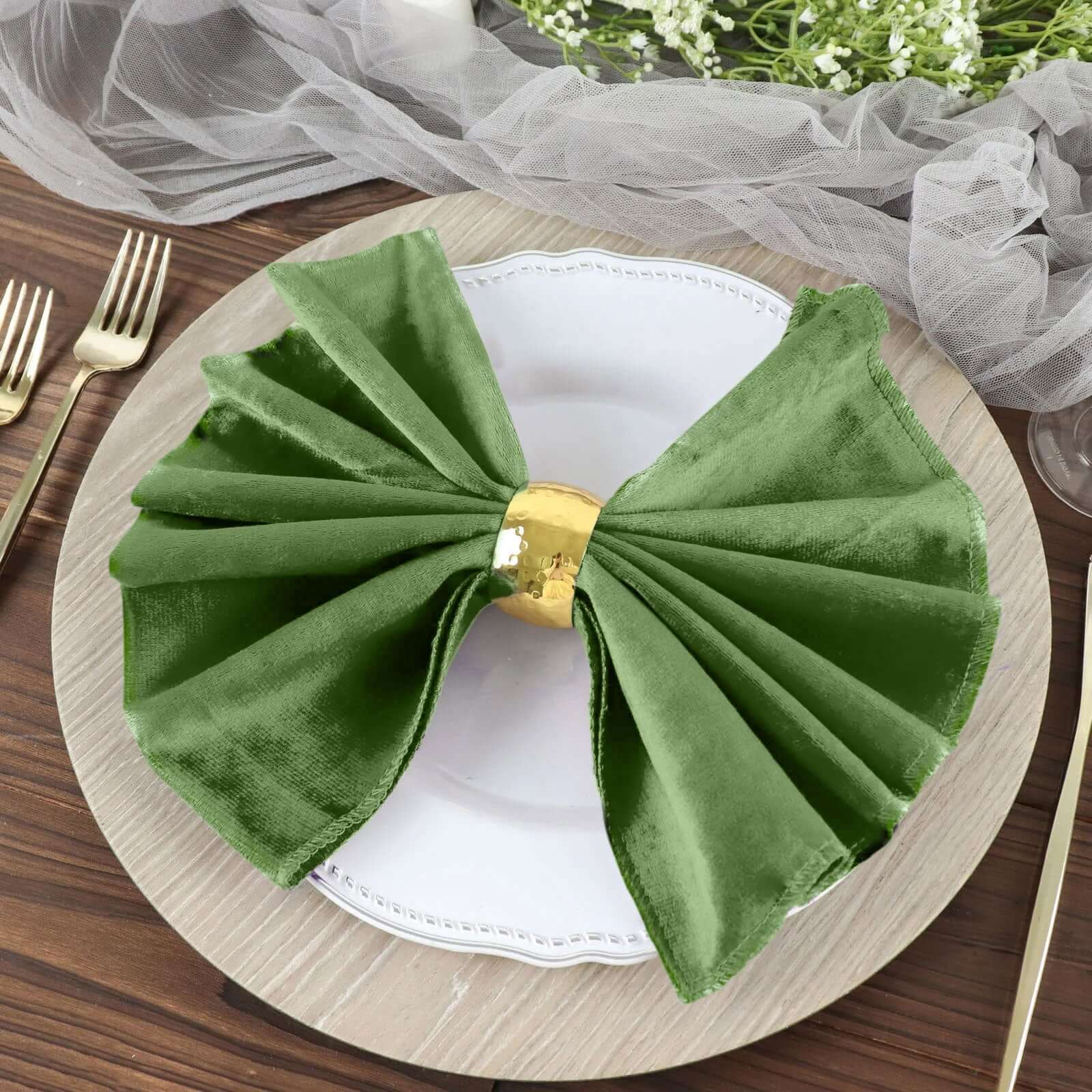 5 Pack Premium Velvet 20"x20" Napkins Olive Green - Soft Sheen Finish Cloth Napkins