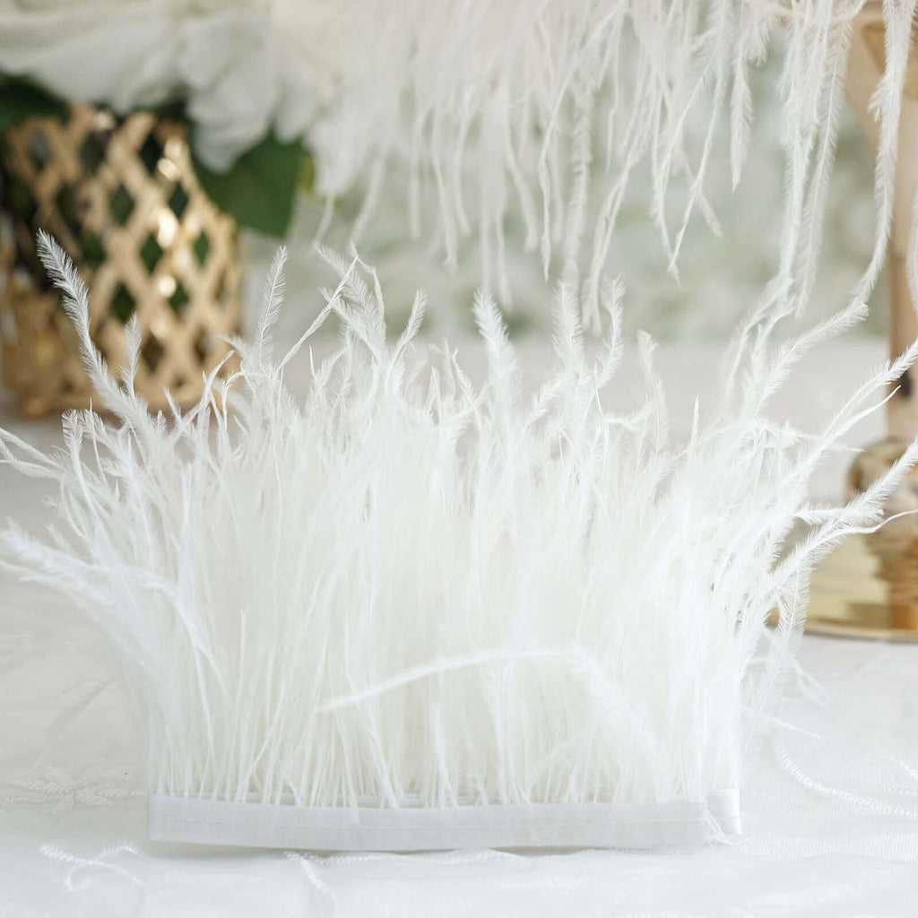 39" White Real Ostrich Feather Fringe Trim With Satin Ribbon Tape
