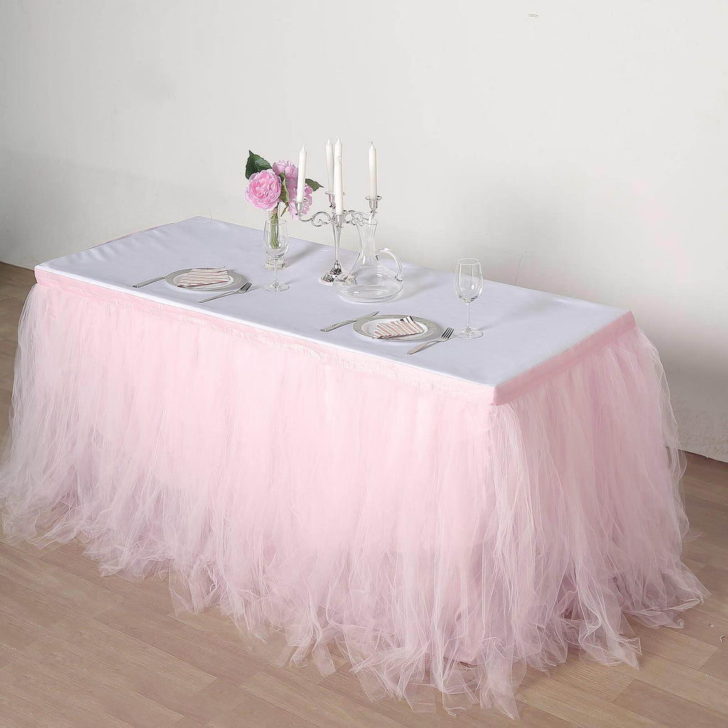 Tulle 17ft Table Skirt Blush - 4 Layer Pleated Tutu Table Cover
