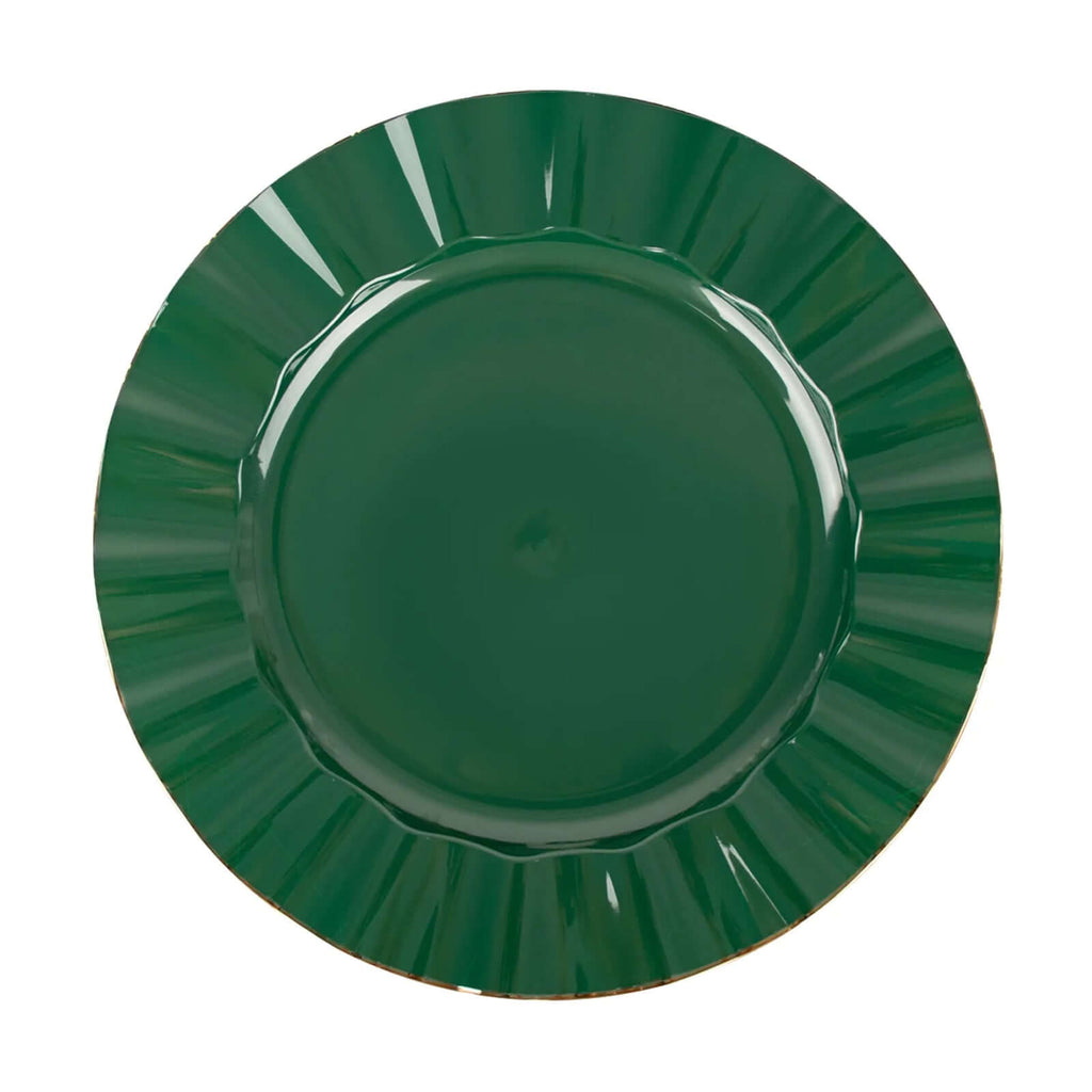 10-Pack Plastic 9" Round Dinner Plates in Hunter Emerald Green Ruffled Rim with Gold Edging - Sturdy Disposable Dinnerware