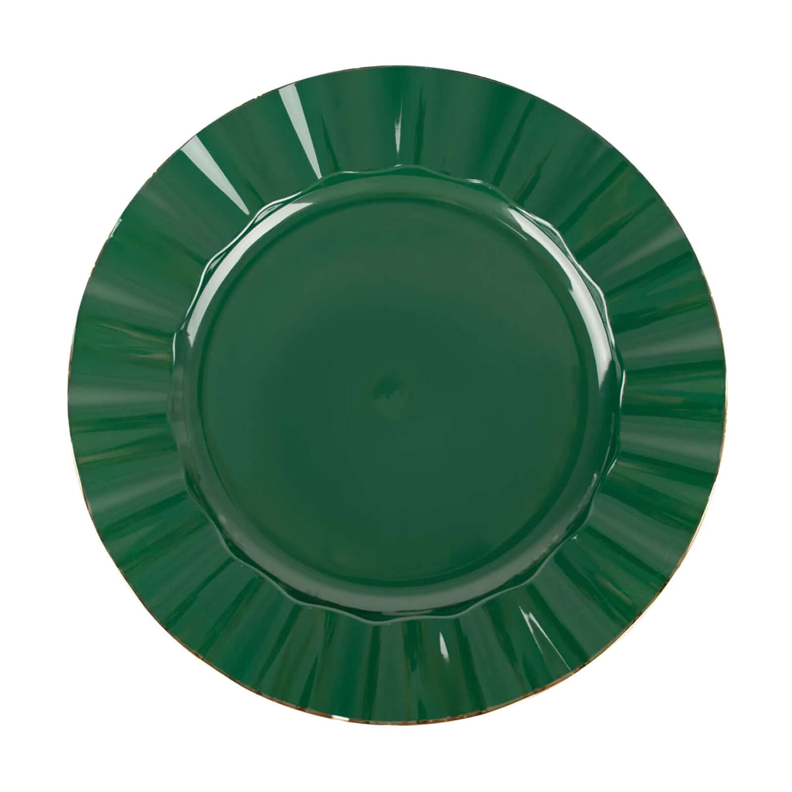 10-Pack Plastic 9" Round Dinner Plates in Hunter Emerald Green Ruffled Rim with Gold Edging - Sturdy Disposable Dinnerware