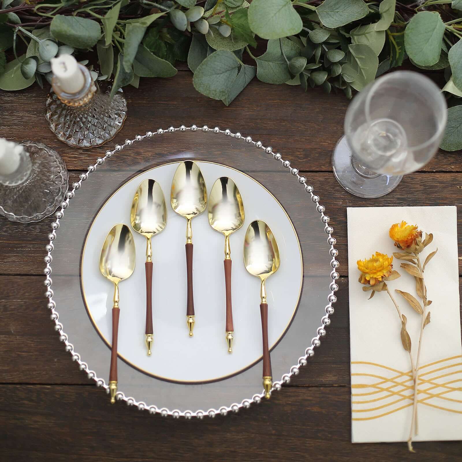 24-Pack Plastic Dessert Spoons with Roman Column Handle Gold/Brown - European Style Disposable Utensils 6"