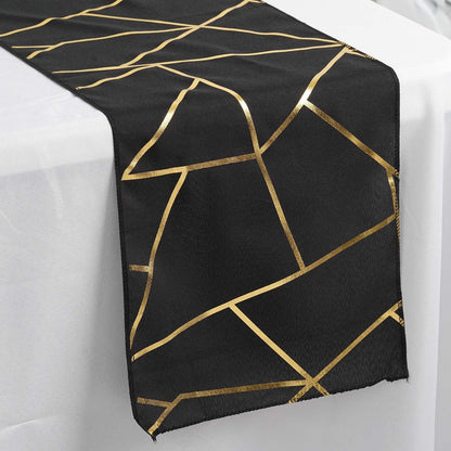 Polyester 9ft Table Runner Black with Gold Foil Modern Geometric Accent