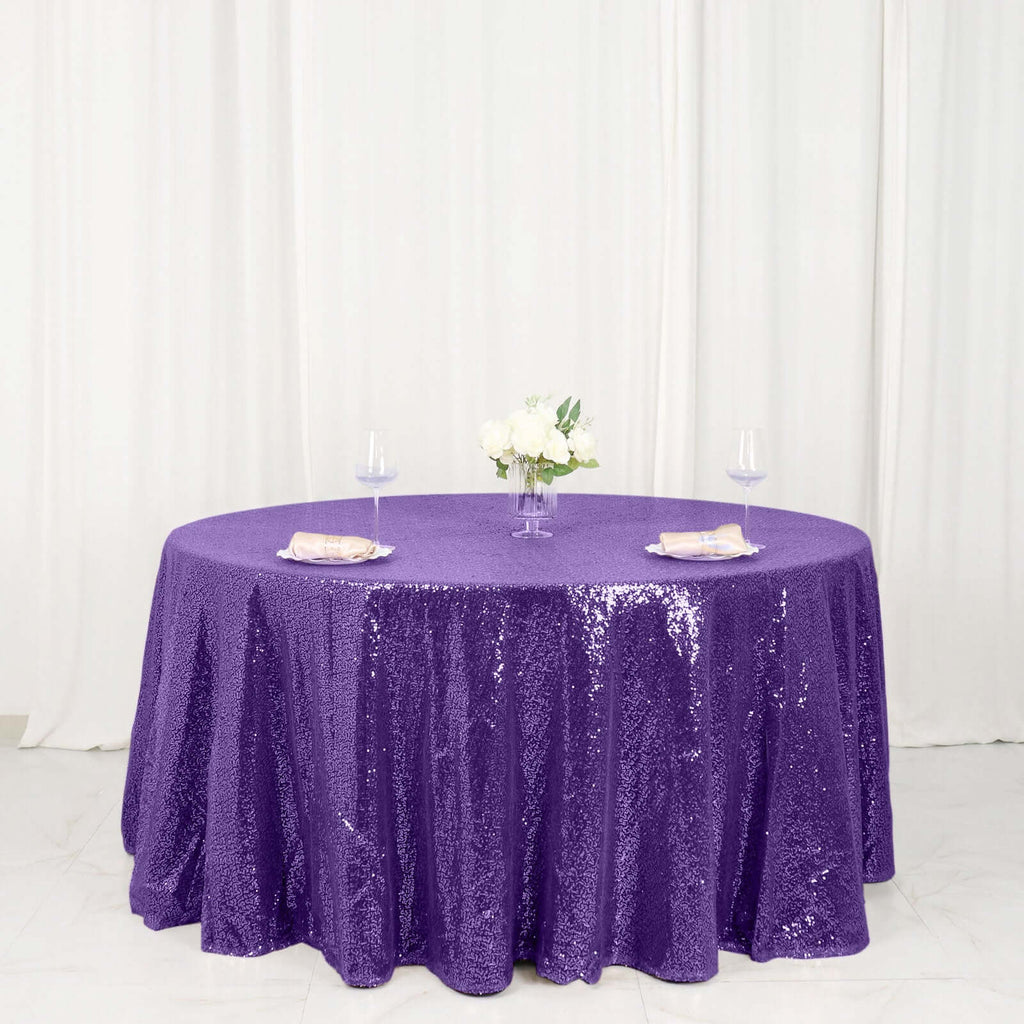 Sequin 120" Round Tablecloth Purple - Seamless Glittering Table Cover