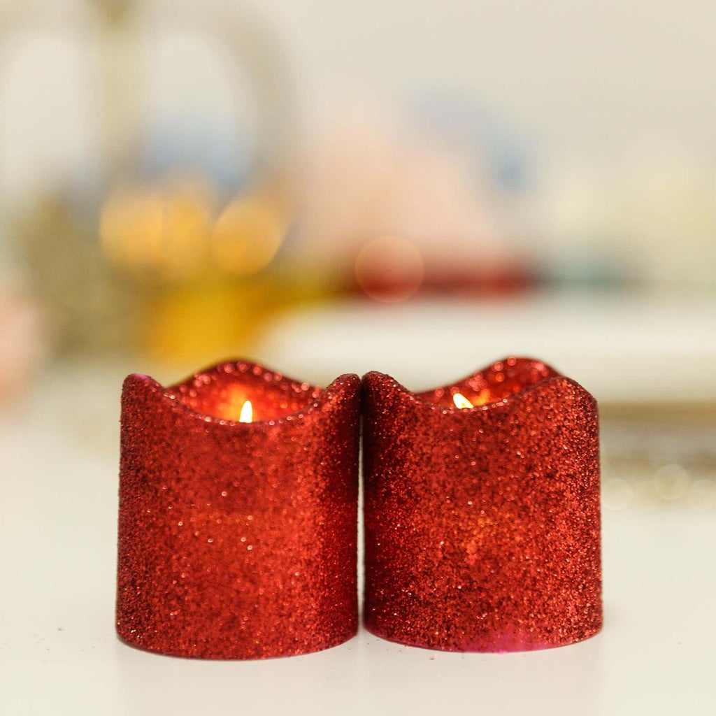 12-Pack LED Votive Candles Glittered Red Design - Reusable Flameless Battery Operated Lights