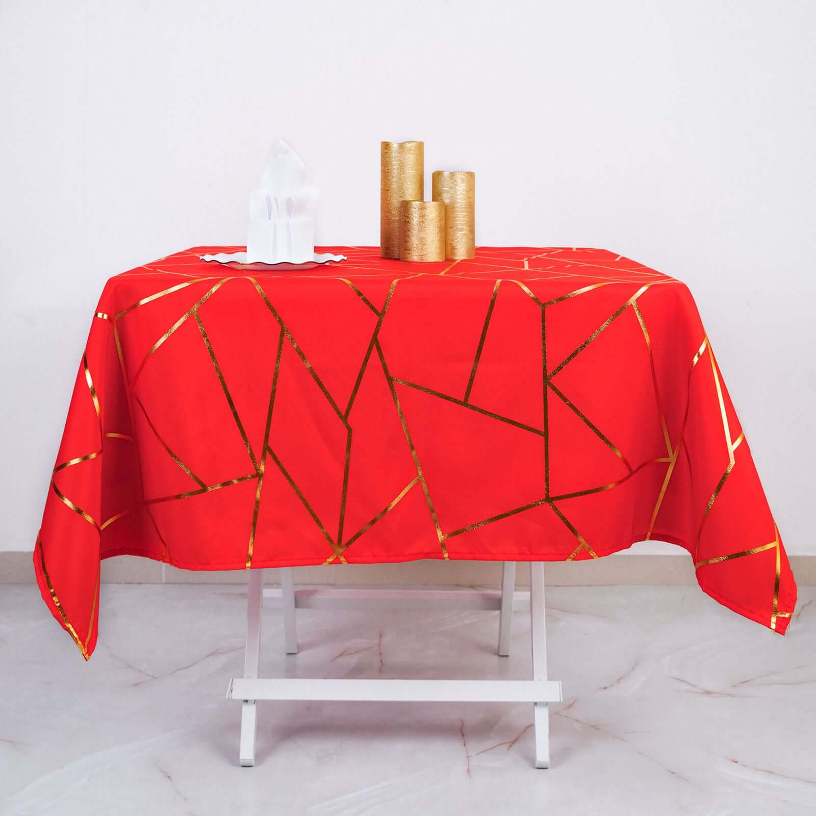 Polyester 54"x54" Table Overlay Square Tablecloth Red with Gold Foil Geometric Pattern - Wrinkle-Resistant & Durable Table Topper