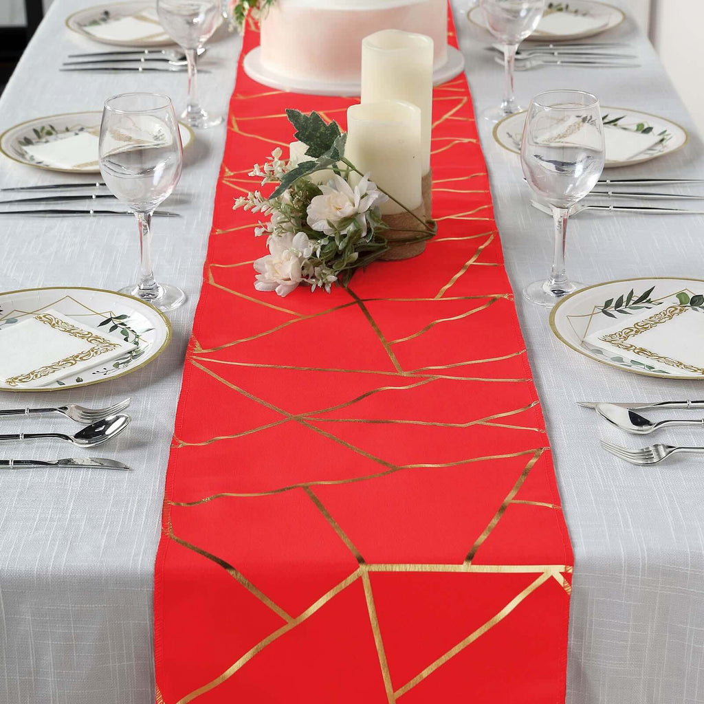 Polyester 9ft Table Runner Red with Gold Foil Modern Geometric Accent