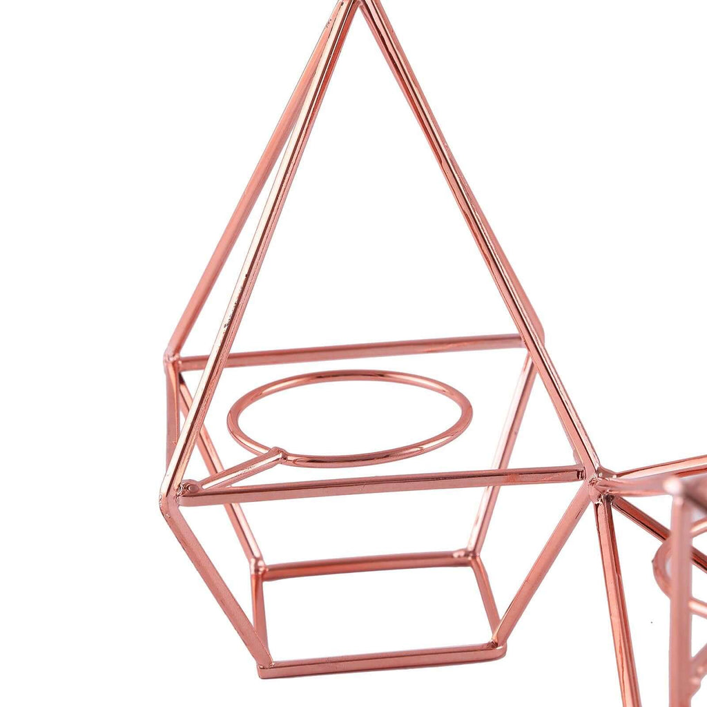 Set of Metal Candle Holders Linked Geometric Design Rose Gold - Modern Votive Glass Decor for Tables & Gatherings 16"