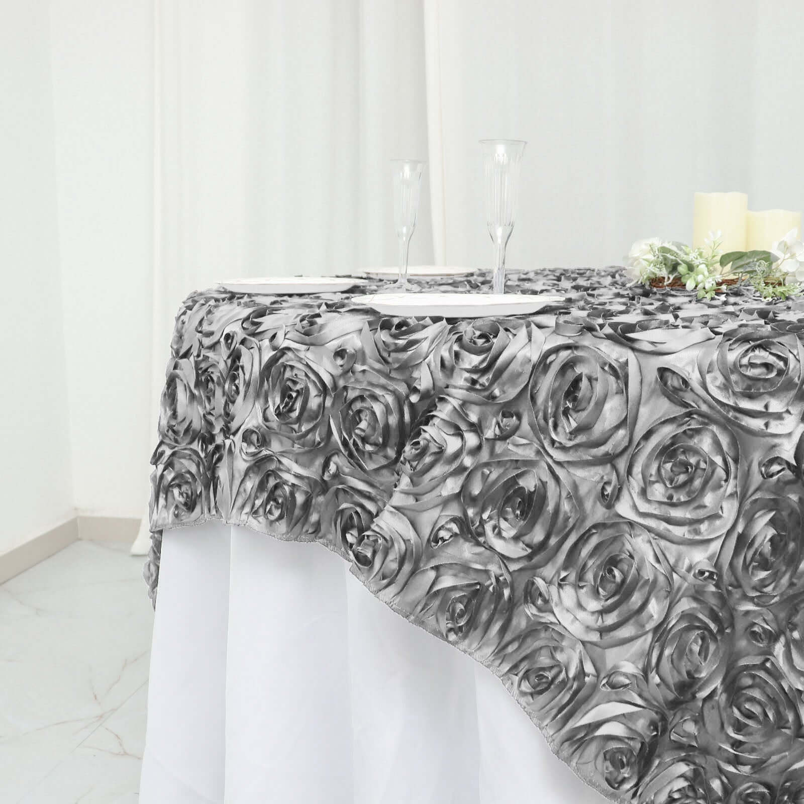 Satin 72"x72" Table Overlay Square Tablecloth Silver - 3D Rosette Table Cover
