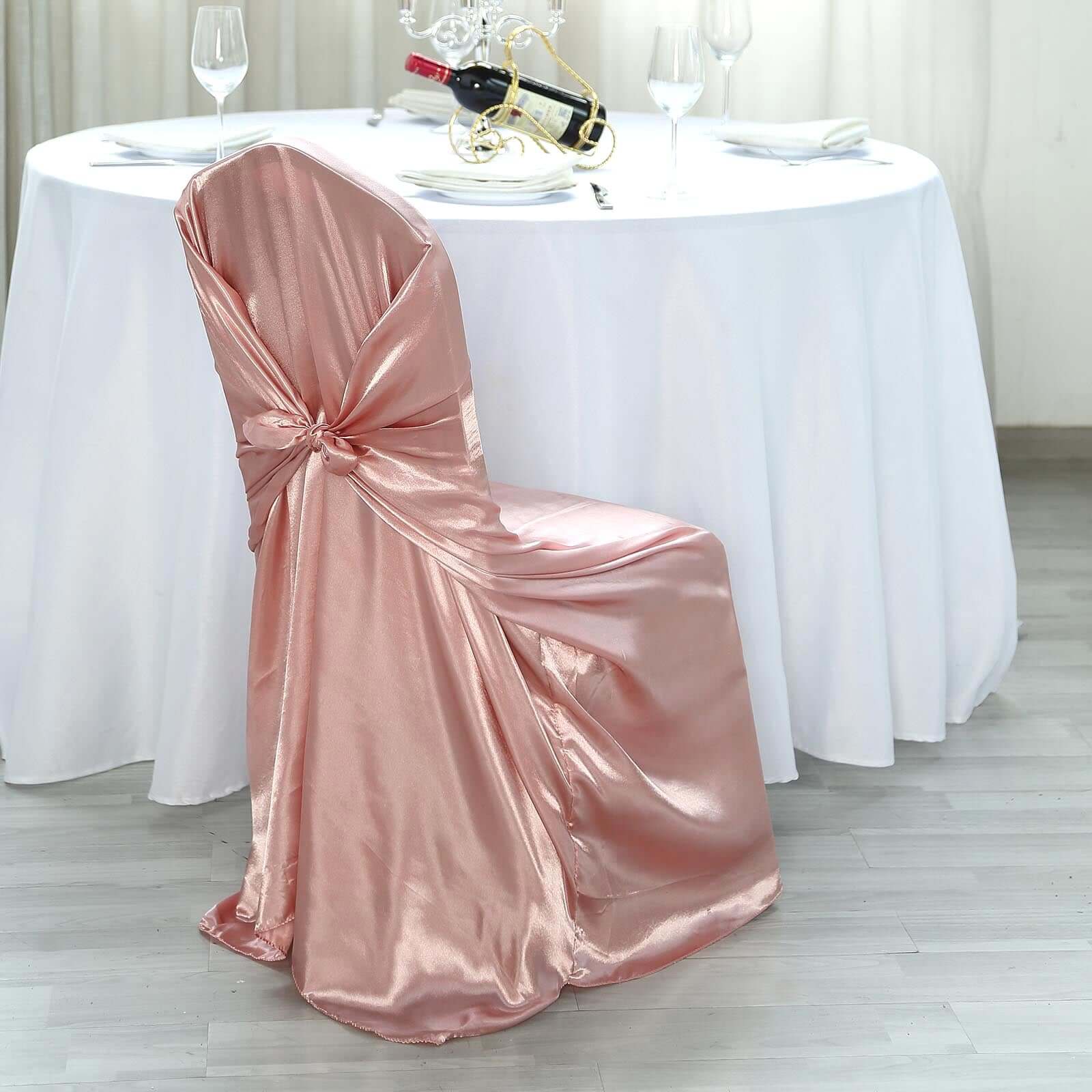 Satin Chair Cover Self-Tie Universal Design Dusty Rose - Durable Slip-On Cover for Folding, Dining, Banquet & Standard Chairs