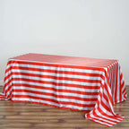 Satin 90"x132" Rectangle Tablecloth Red/White - Stripe Design with Seamless Silky Smooth Finish Table Cover