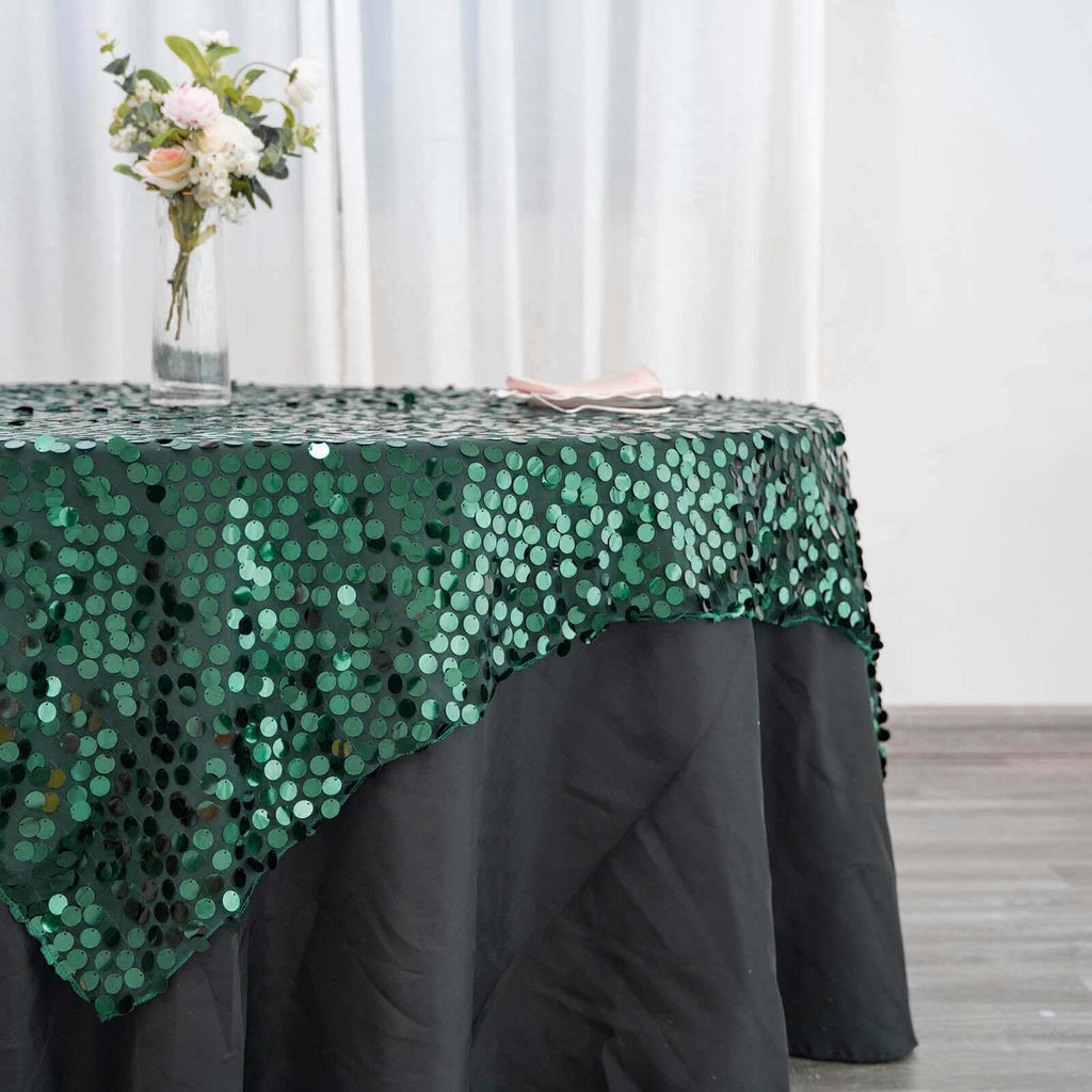 Sequin 72"x72" Table Overlay Square Tablecloth Hunter Emerald Green - Big Payette Table Cover