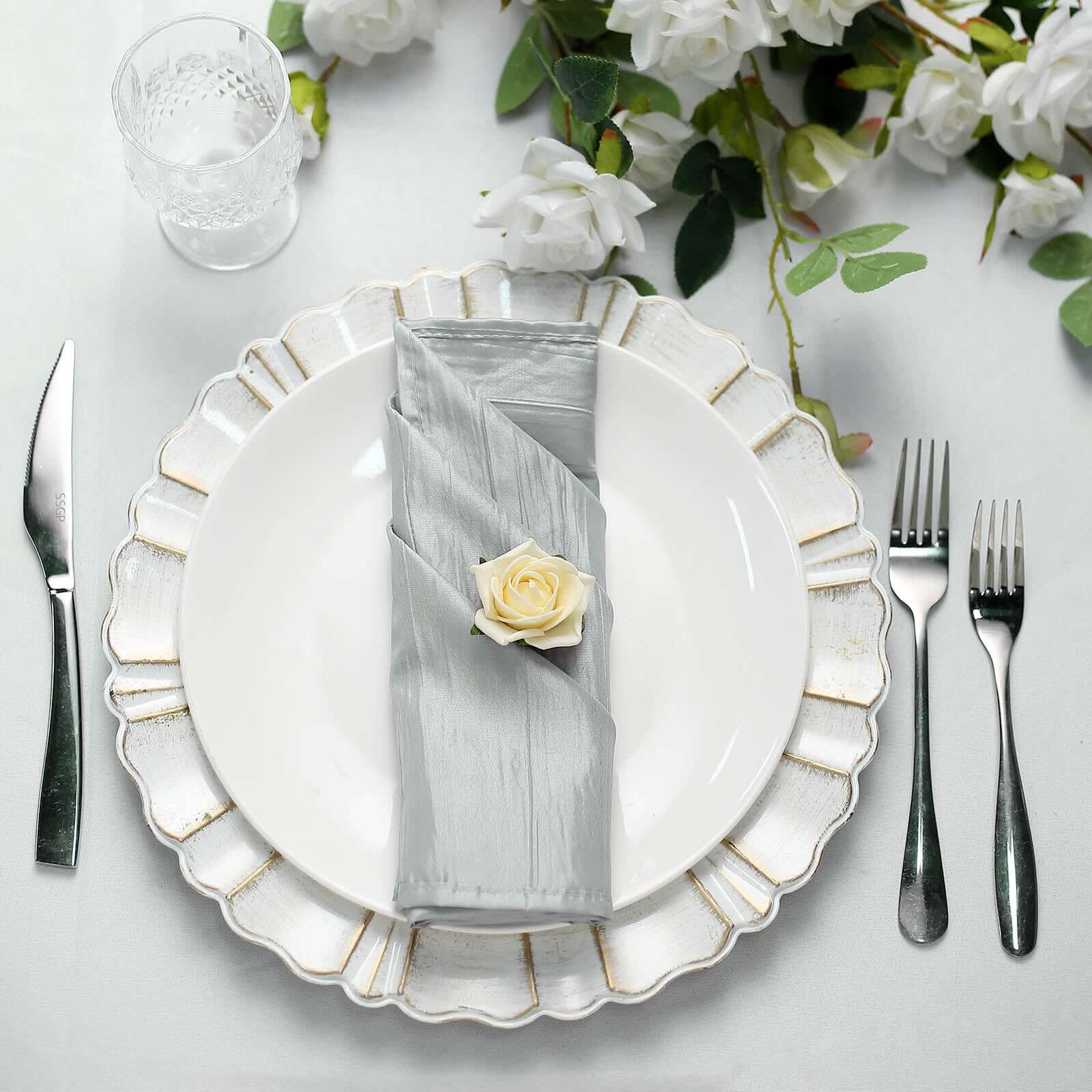 5 Pack Taffeta 20"x20" Napkins Silver - Accordion Crinkle Dinner Napkins