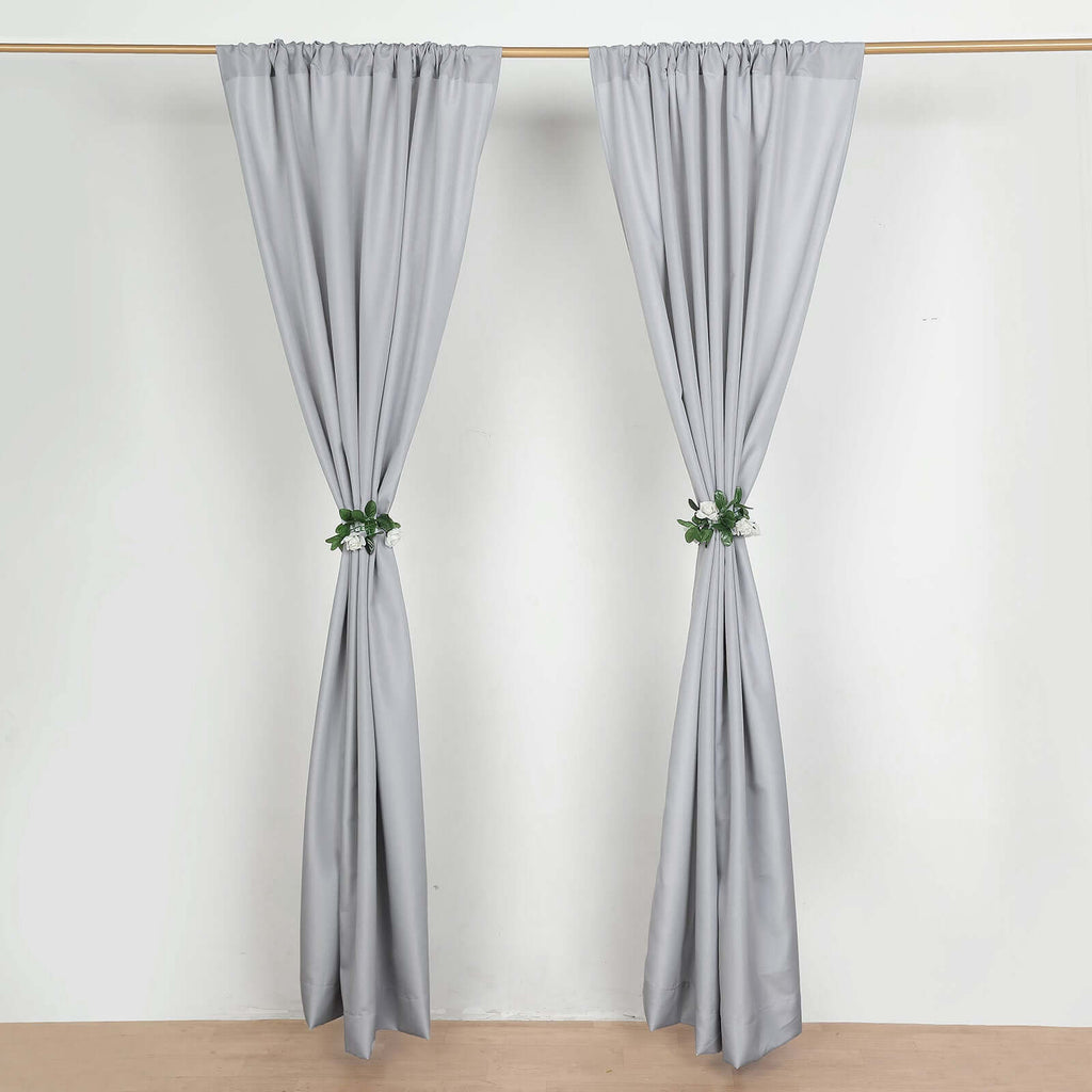 2 Pack Silver Polyester Event Curtain Drapes, 10ftx8ft Backdrop Event Panels With Rod Pockets 130 GSM