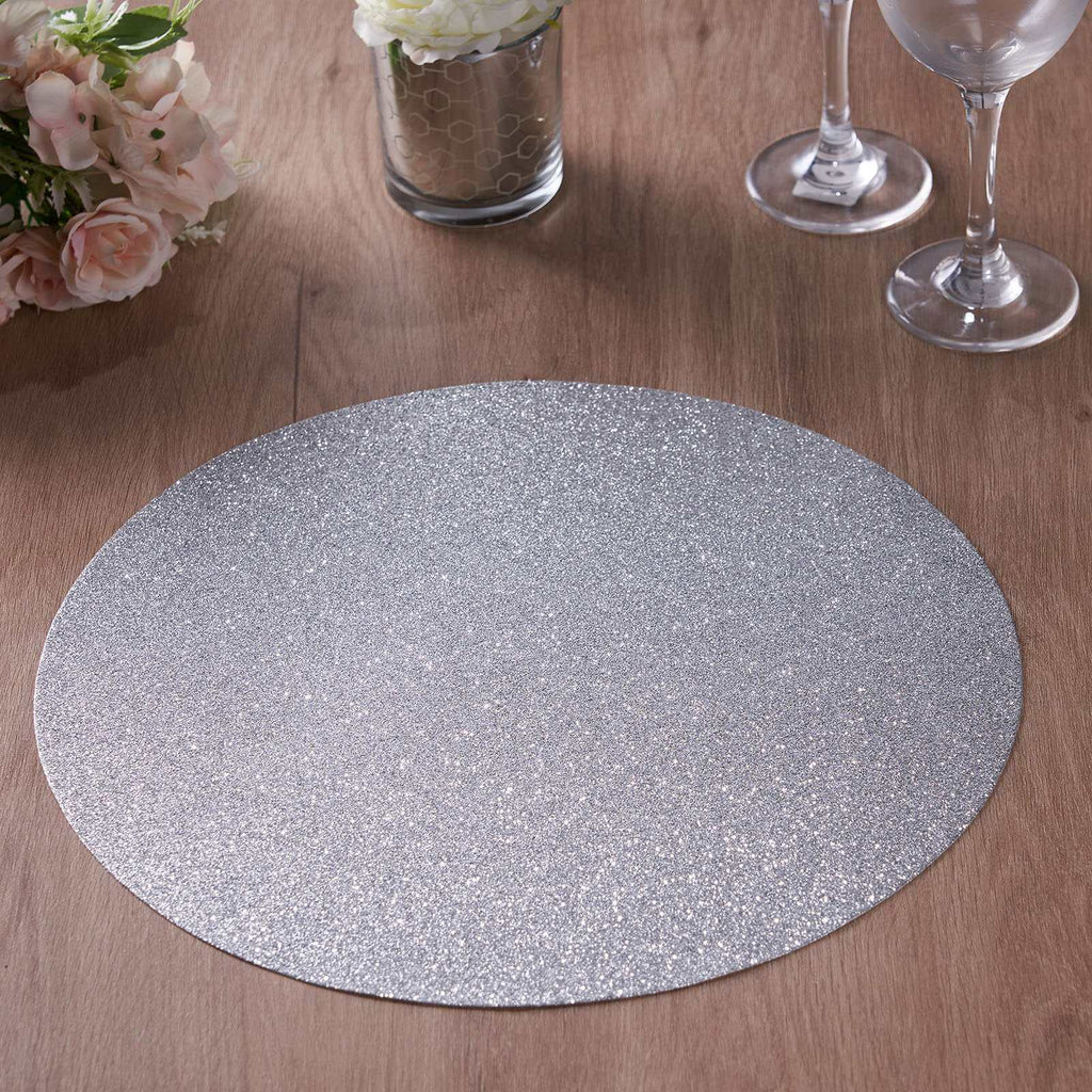 6-Pack Placemats Glitter Design Silver Sparkle Oval - Non-Slip Decorative Table Mats for Dining 12"x18"