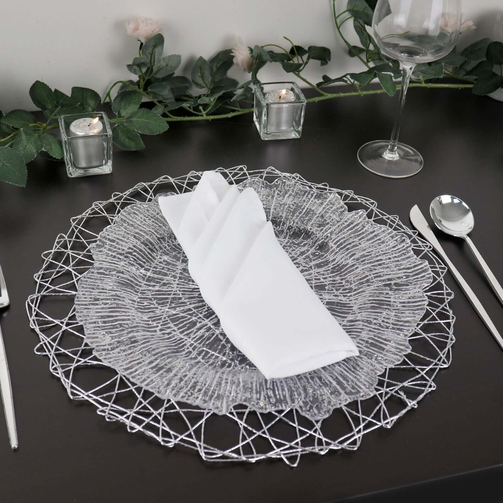 6-Pack Table Placemats Woven Fiber Design Silver Round - Disposable Mats for Dining and Events 15"