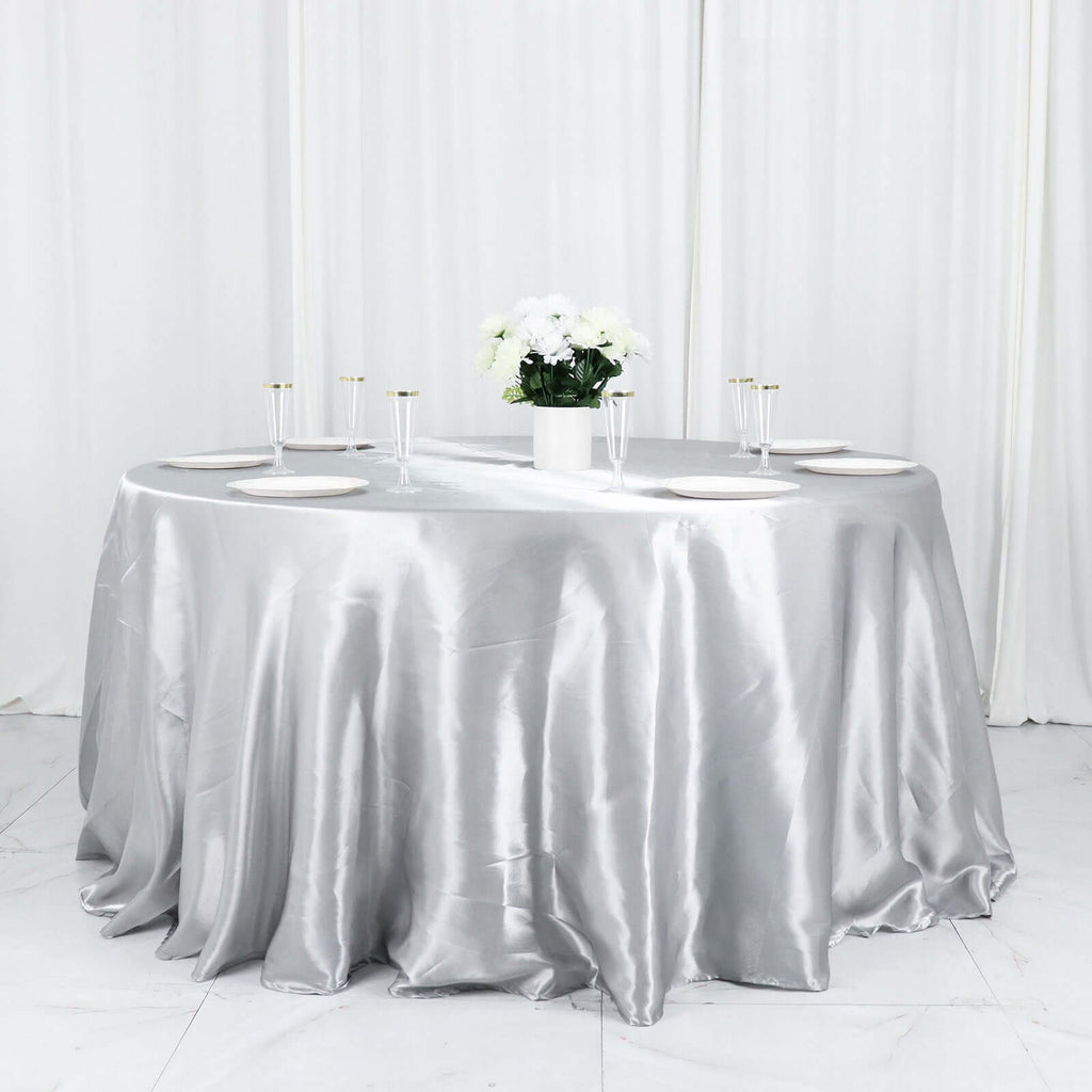 Satin 132" Round Tablecloth Silver - Stylish Seamless Table Cover