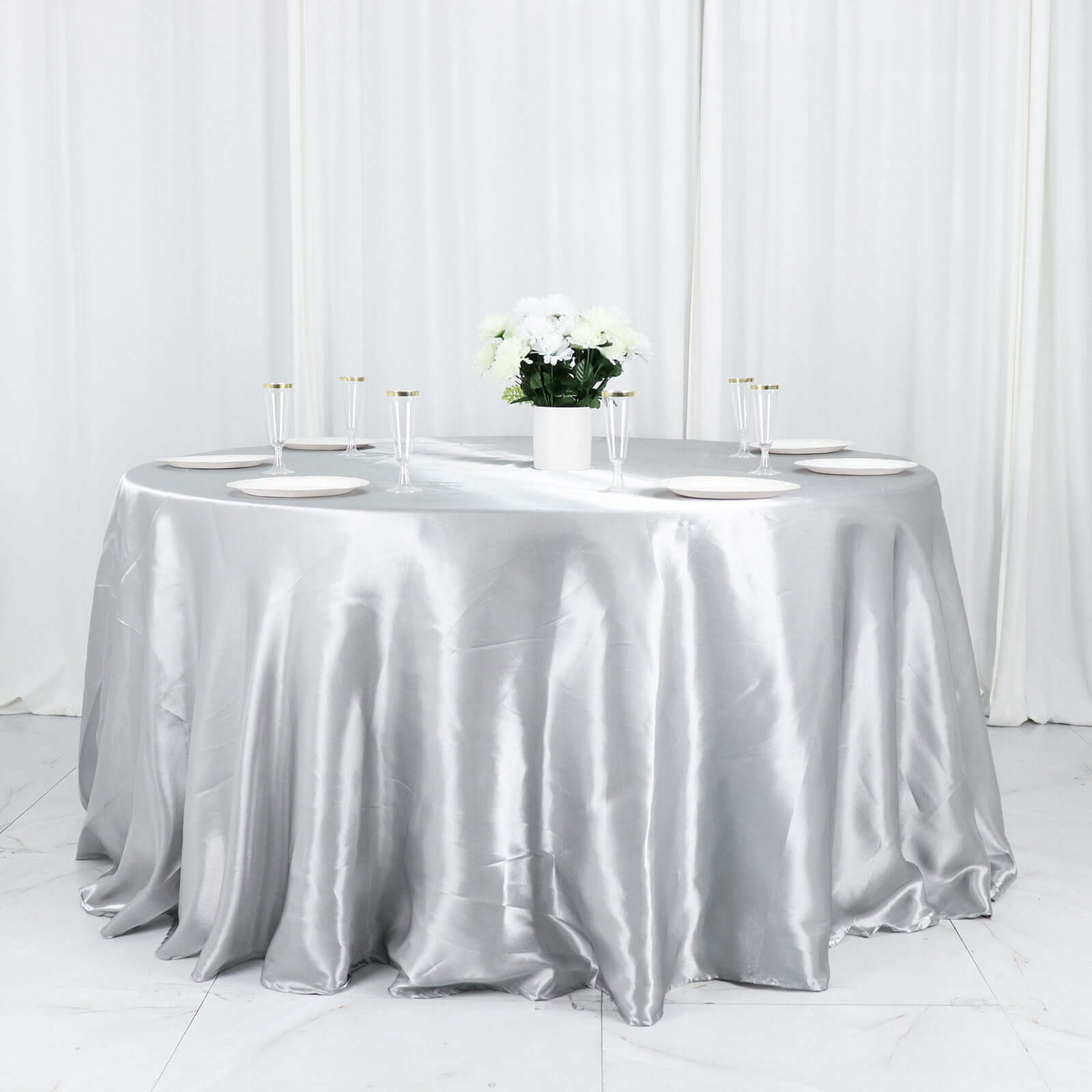 Satin 132" Round Tablecloth Silver - Stylish Seamless Table Cover
