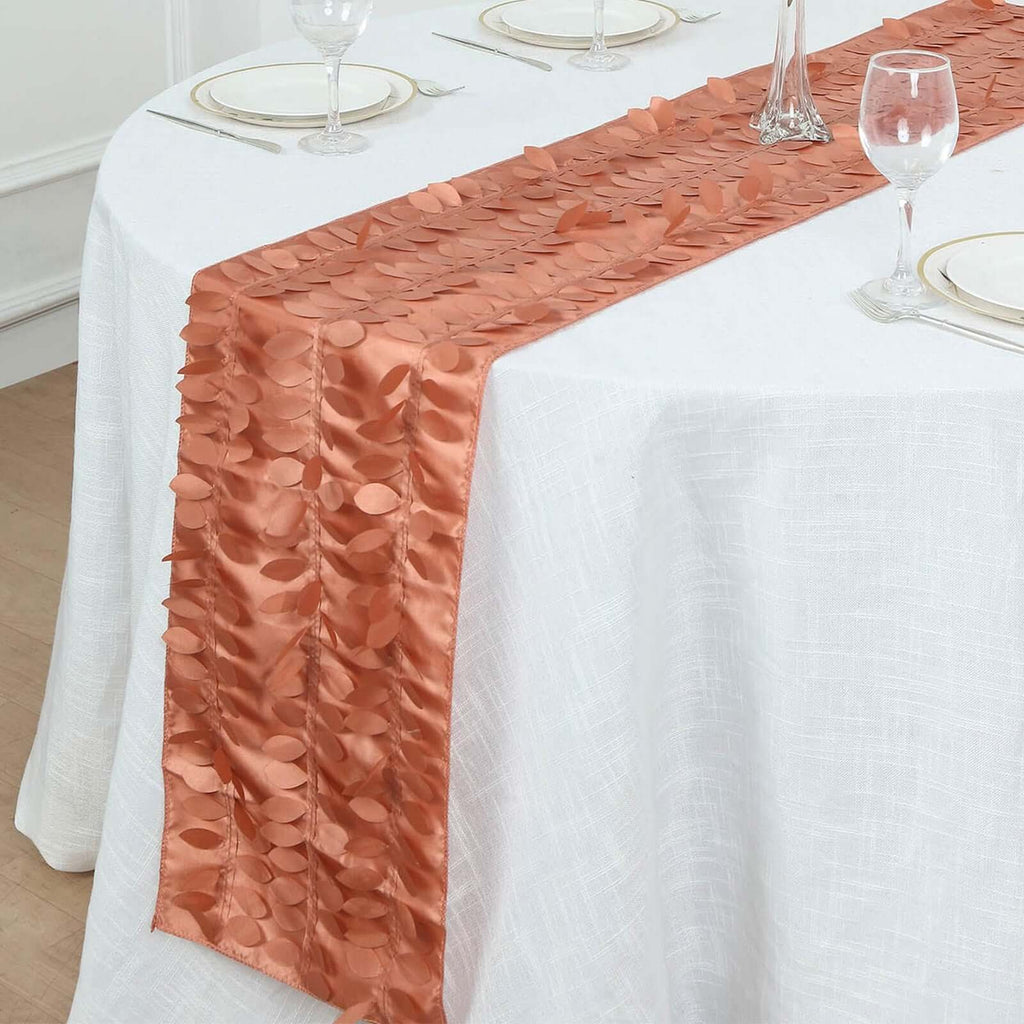 Taffeta Fabric 12"x108" Table Runner Terracotta (Rust) - 3D Leaf Petal Design