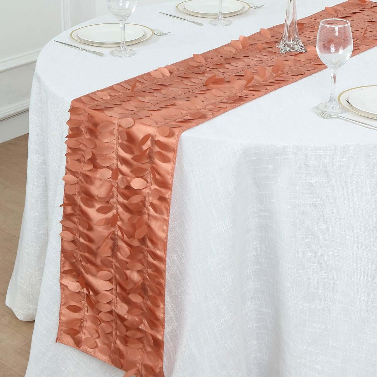 Taffeta Fabric 12"x108" Table Runner Terracotta (Rust) - 3D Leaf Petal Design