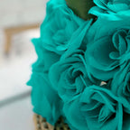 12" Turquoise Artificial Velvet-Like Fabric Rose Flower Bouquet Bush