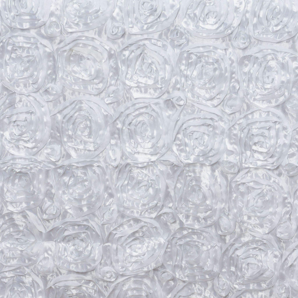 Satin 90"x156" Rectangle Tablecloth White - Grandiose 3D Rosette Design with Seamless Finish for Sophisticated Celebrations