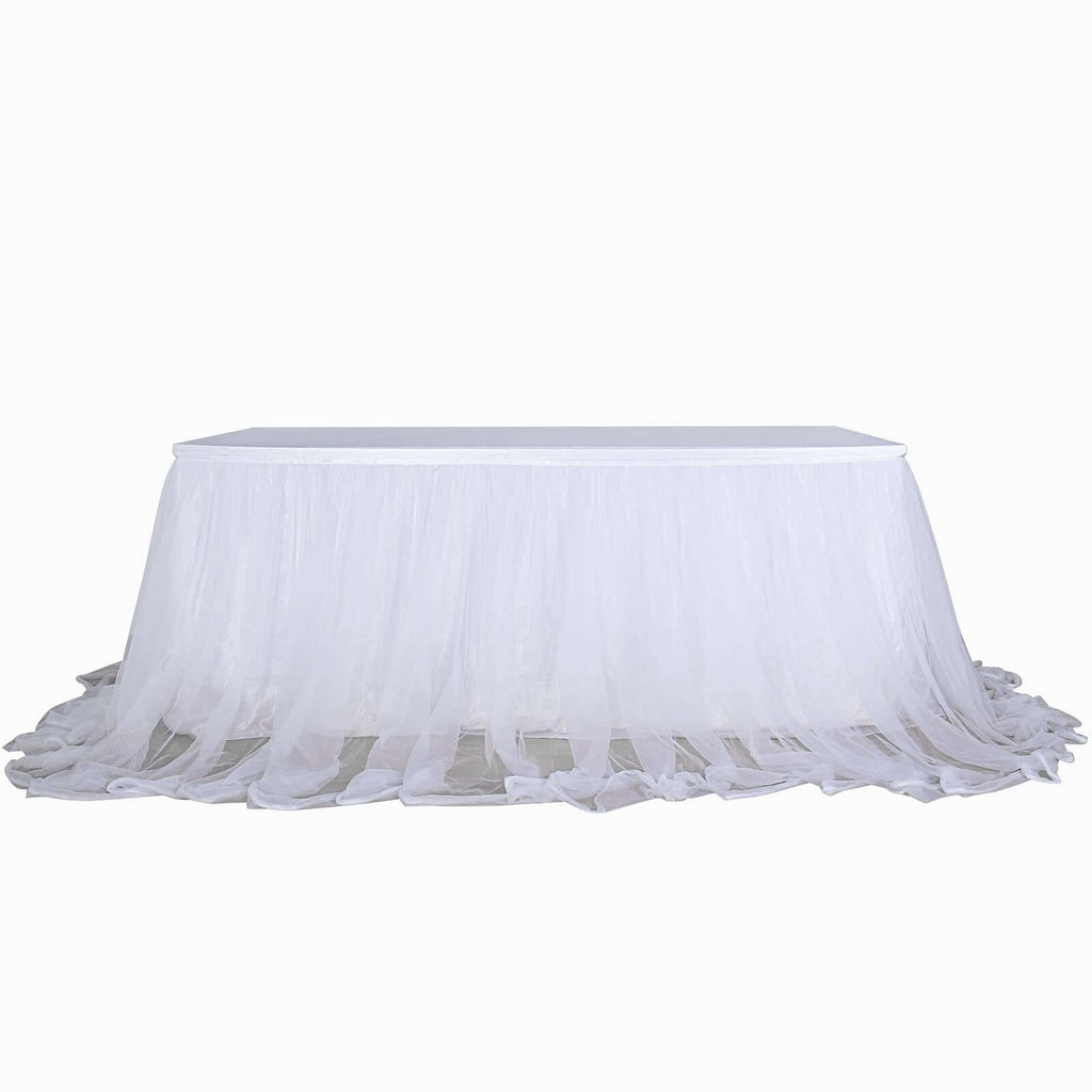 Extra Long Tulle 14ft Table Skirt White with Satin Edge - Table Cover for Baby Showers & Events